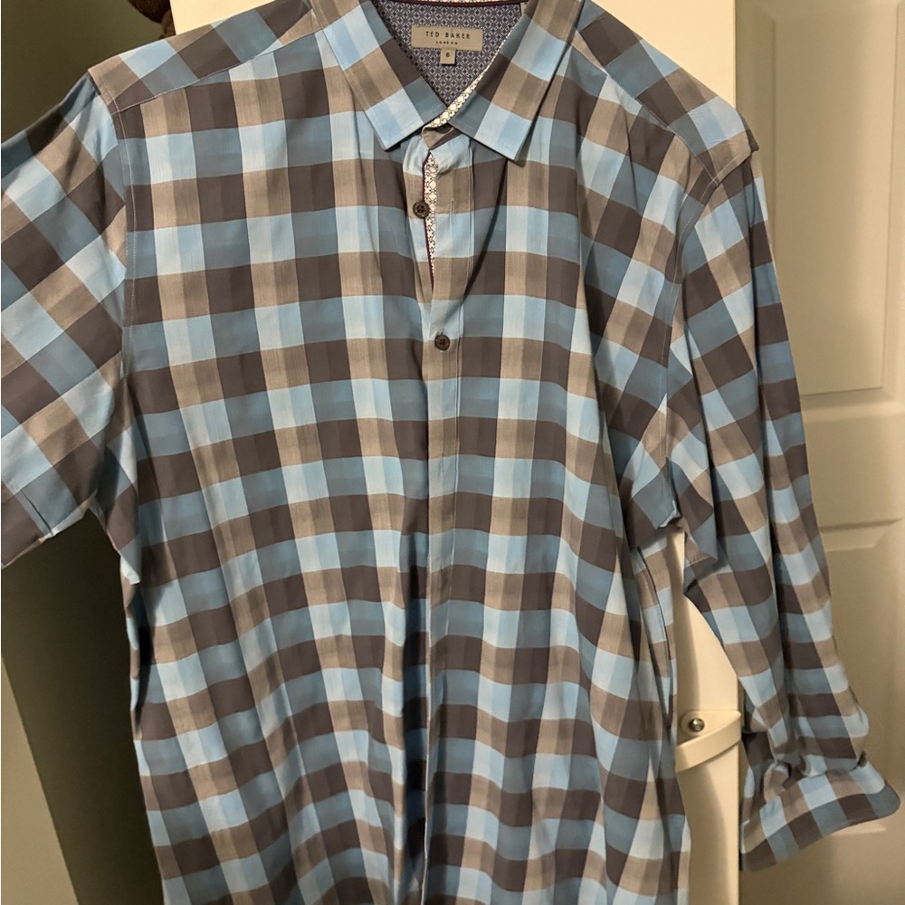 Ted baker blue, brown grey button down dress shirt with patterned sleeves